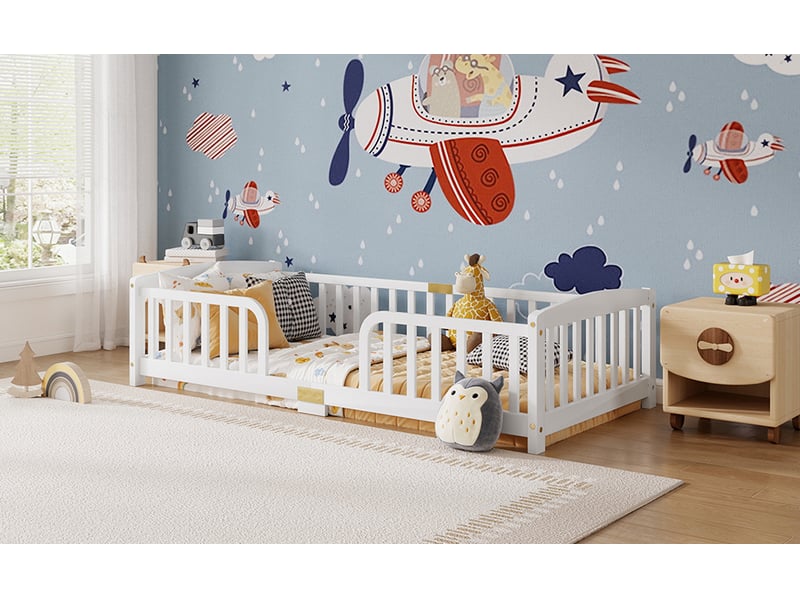 Lit au sol enfant 90x200 cm en pin blanc avec barrières de sécurité  - Conforama W