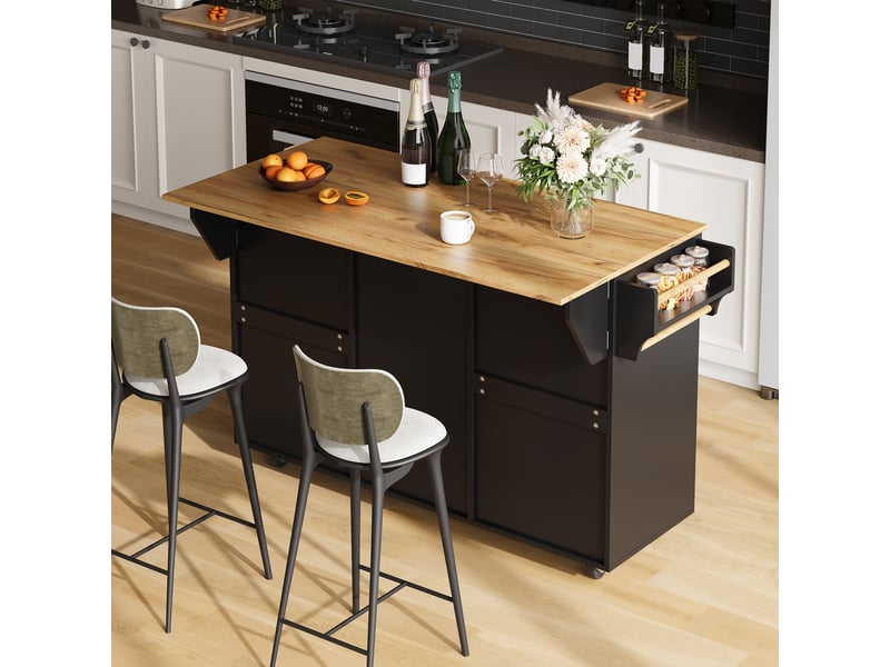  Îlot de cuisine roulant avec plan de travail rabattable, 4 tiroirs, mdf noir et bois 120 x 70 x 90 cm  - Conforama W