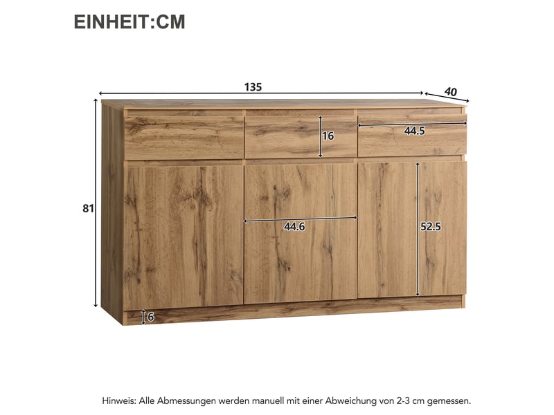  Buffet 3 portes 3 tiroirs avec étagères réglables en panneaux de particules 135×40×81 cm bois  - Conforama E