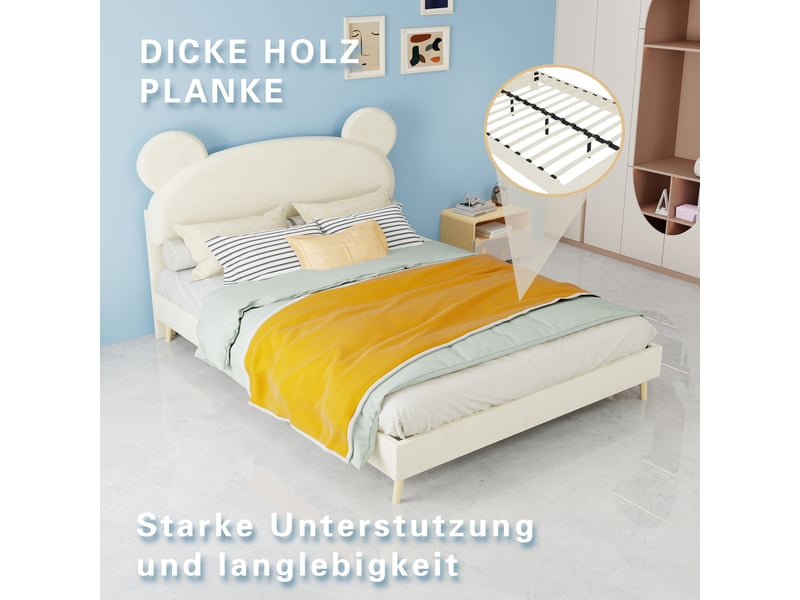  Lit enfant beige 140x200 cm en tissu et métal, tête décorative rembourrée, base basse pleine sans rangement  - Conforama D