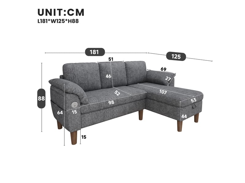  Canapé d'angle xxl 3 places 181x125 cm avec méridienne réversible, rangement intégré, usb et usb-c, tissu chenille - gris clair OPULERANE TRADING LTD - Conforama D