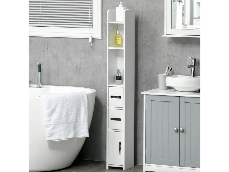 Meuble de salle de bain avec étagères et placards, armoire haute en bois gain de place 15 x 17 x 120 cm, blanc  - Conforama C