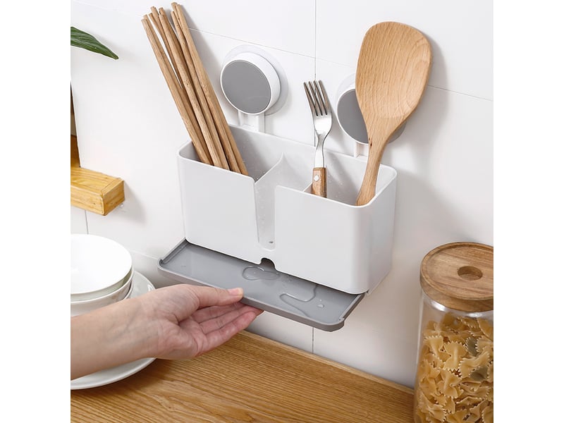  Porte-ustensiles de cuisine avec 2 ventouses et égouttoir pour couverts, éponges, brosses, grattoirs, baguettes - white  - Conforama C