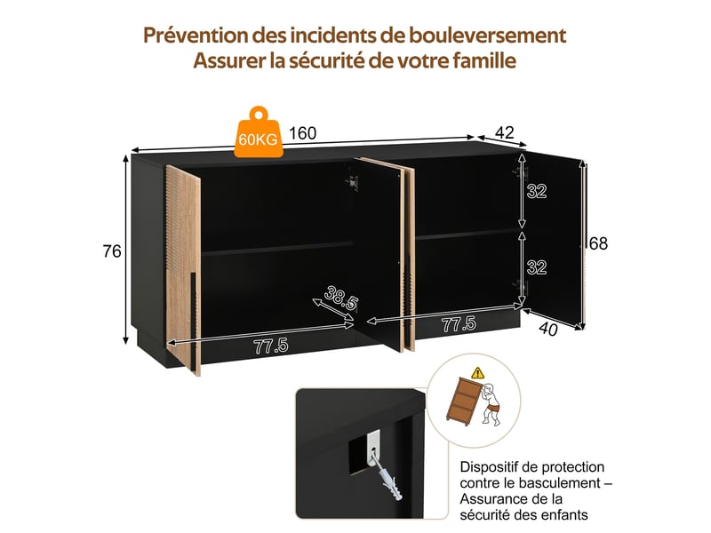  Buffet 4 portes avec façade relief, poignées métal, structure mdf et panneaux, pour salon ou salle à manger  - Conforama C