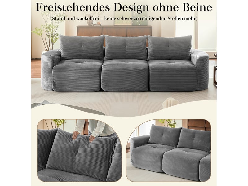  Canapé modulaire 3 places 279x100 cm – gris anthracite – configuration 2+1 en velours côtelé, design arrondi  - Conforama E
