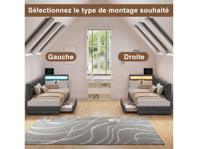  Lit jeune 90x200 avec rangement, lit simple pour adolescent avec led et usb lit banquette avec 2 tiroirs et tête de lit rembourrée gris lin, sans matelas  - Conforama E