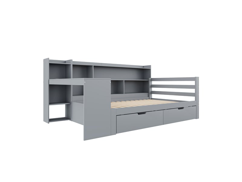 Lit multifonction 90x200 cm avec bureau, rangements et prise, pin gris, sans matelas - Conforama R