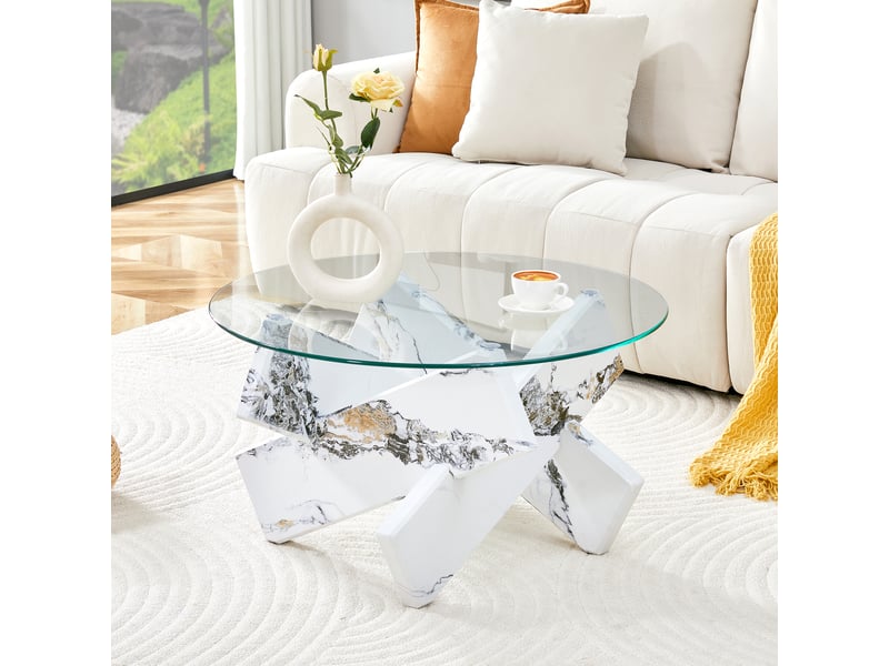 Table basse ronde moderne en verre et mdf, pieds effet marbre blanc, ø79 cm, design élégant  - Conforama B