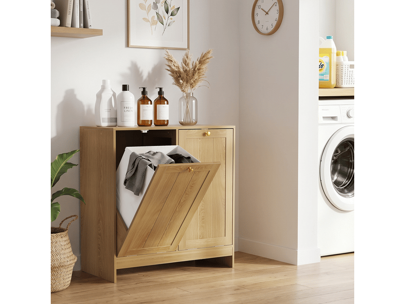 Meuble à linge tcqpz 66 x 33 x 68 cm à 2 paniers amovibles mdf et panneaux de particules coloris chêne - Conforama B