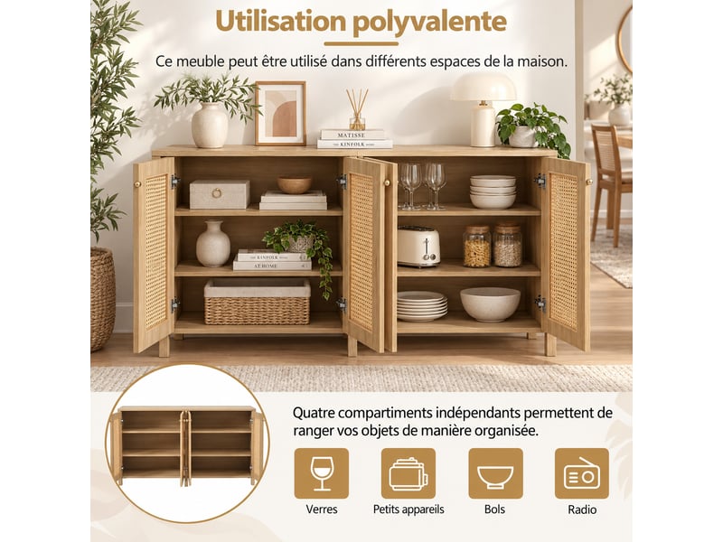  Buffet 4 portes avec façades effet rotin, poignées métal, étagères réglables et structure mdf, décor bois naturel  - Conforama E