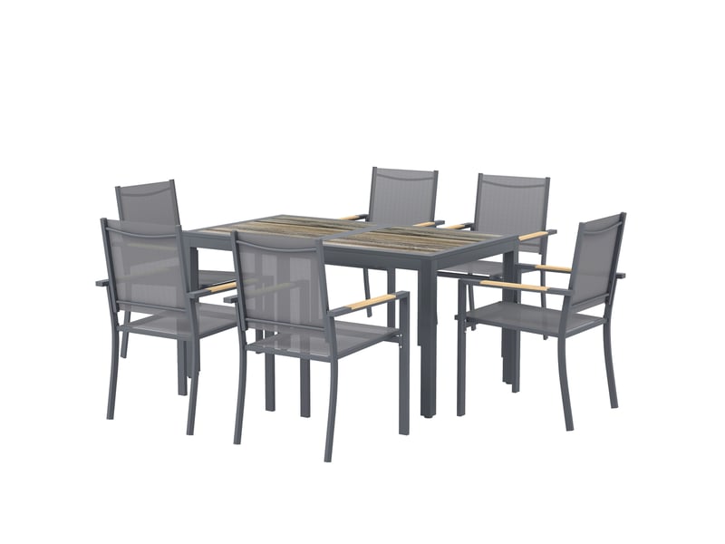  Salon de jardin ensemble mobilier de jardin 7 pièces table effet bois 6 chaises empilables en textilène 140x80x72cm gris  - Conforama B