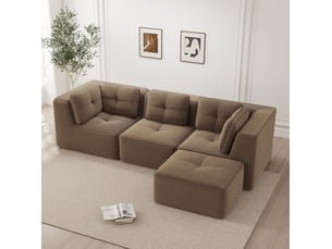 Canapé d’angle modulable 3 places en velours côtelé marron avec ottomane