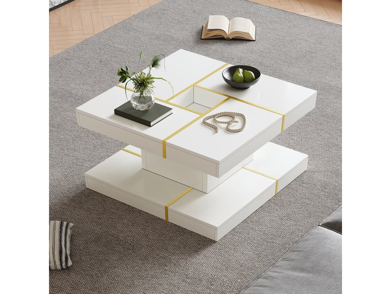Table basse carrée à 2 niveaux avec niche centrale et finitions métalliques dorées pour salon, 80 × 80 × 38 cm - Conforama D