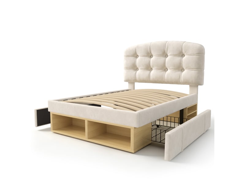  Lit enfant 90 x 200 cm, avec tiroirs et espace de rangement, en velours,beige  - Conforama R