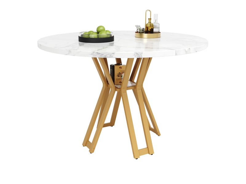  Table à manger ronde 100 x 100 x 76 cm, plateau mdf effet marbre, blanc et doré  - Conforama A