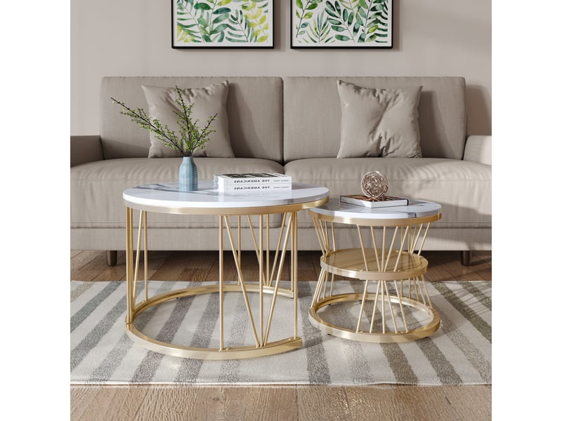  Lot de 2 tables gigognes rondes  ø70 et ø45cm, motif marbré, meuble, rangement, support en forme de v, mdf, blanc  - Conforama D