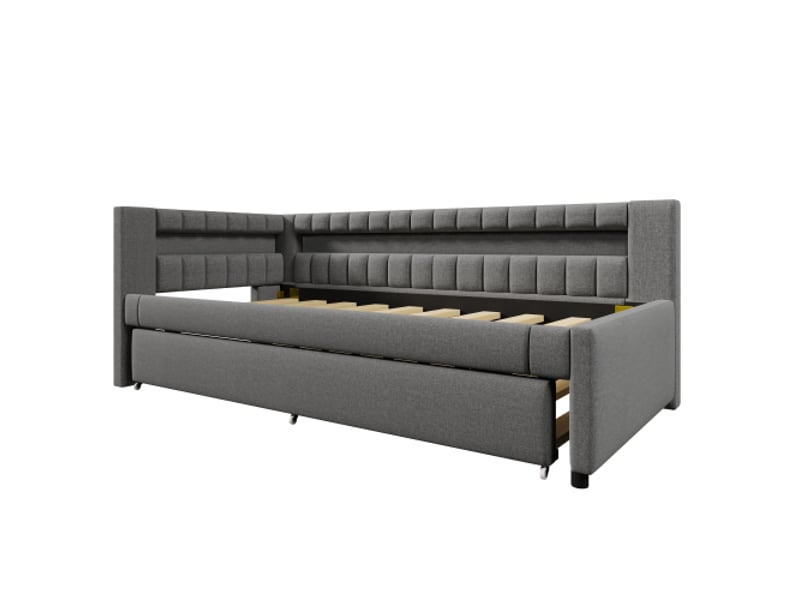 Canapé-lit 90x200 cm led télécommandée au pied du lit, lit gigogne sans matelas, lin gris, usb-c - Conforama A
