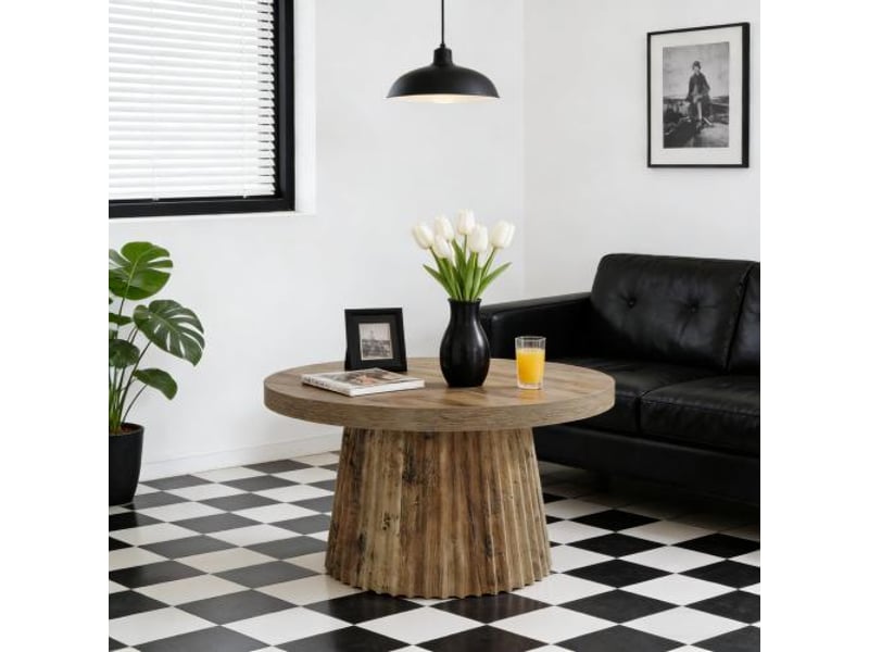  Table basse ronde 80 cm en mdf avec base striée pour salon, finition marron  - Conforama B