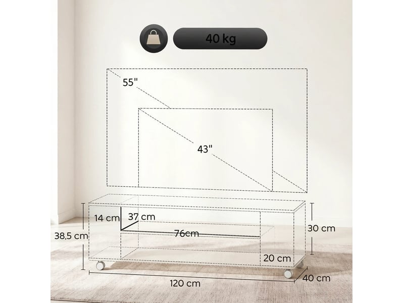  Meuble tv 120x40x38,5 cm à roulettes ou mural, blanc et coloris naturel  - Conforama E