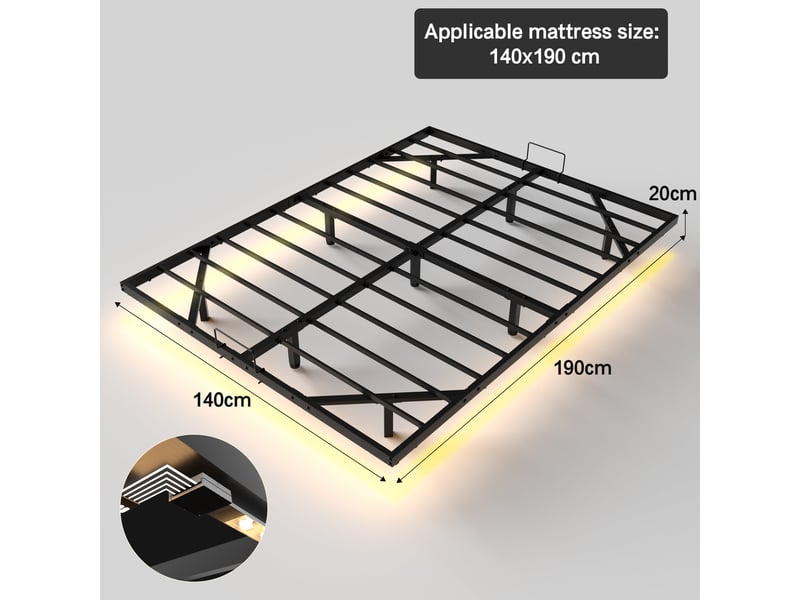  Cadre de lit led en métal 140x200 cm, hauteur 20 cm, cadre de lit flottant, pieds dissimulés, noir  - Conforama C