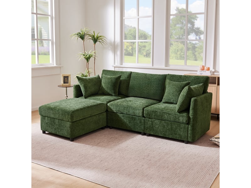  Canapé modulable 3-4 places 216 x 161 x 81 cm, canapé d’angle avec pouf mobile et 4 coussins, tissu chenille - vert  - Conforama C
