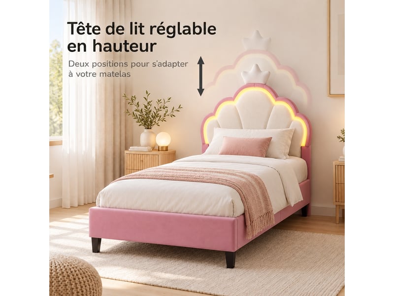  Lit enfant fille 90x200 cm en velours, lit simple rembourré avec led, lit princesse avec tête de lit réglable, décoration couronne et sommier à lattes, design rembourré moderne, rose  - Conforama R