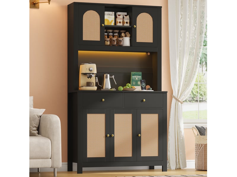 Buffet haut de cuisine led avec prises, 5 portes et 2 tiroirs 100x40x180 cm noir - Conforama W