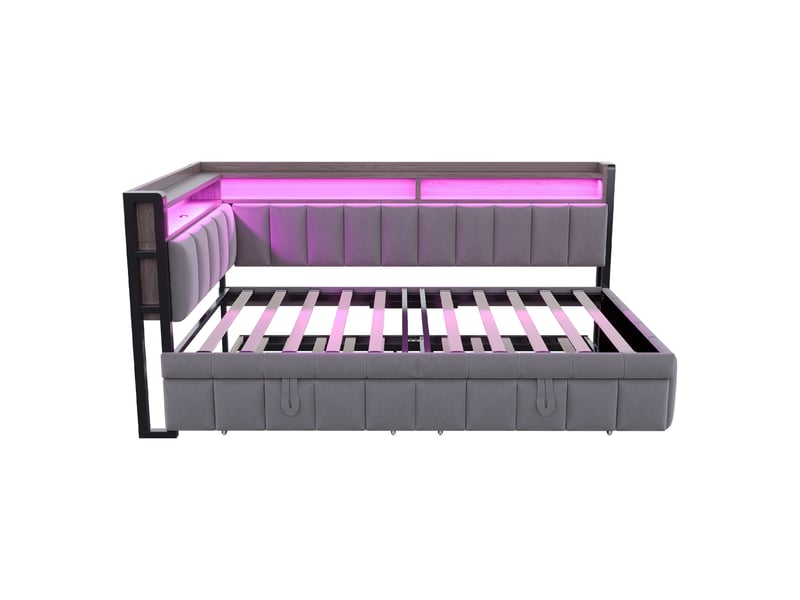 Canapé-lit 90 x 200 cm – avec lit gigogne – avec éclairage led – avec ports usb et type-c – gris foncé (matelas non inclus) - Conforama R