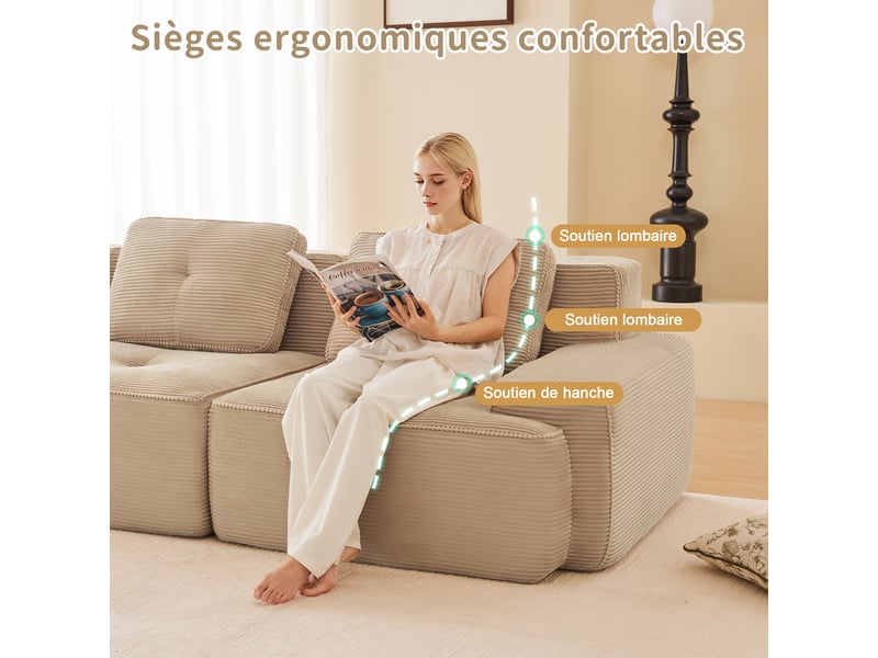  Canapé modulaire en velours côtelé - forme en l - beige - 204x177x69 cm - siège profond 74 cm - ottoman inclus  - Conforama W