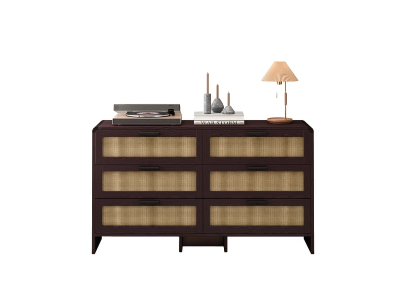  Commode 6 tiroirs en rotin de 130 cm, forme arrondie, ​​pour salon, chambre et cuisine – coloris brun-rouge  - Conforama A