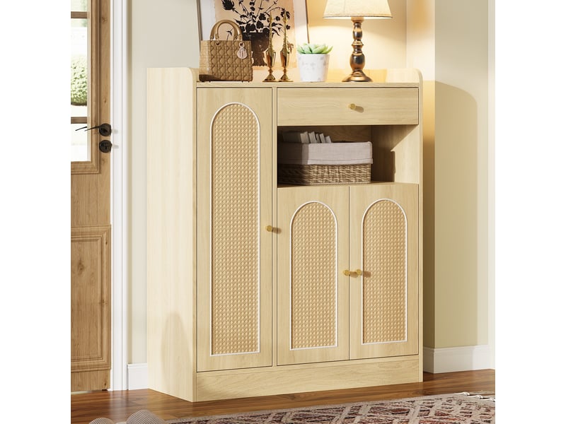  Meuble à chaussures cannage rotin - 90x35x110cm - buffet d'entrée 3 portes et 1 tiroir - bois  - Conforama C