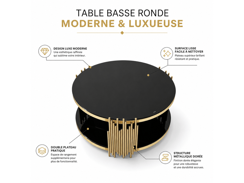  Table basse ronde en verre noir double plateau avec piètement en acier doré pour salon salle à manger ou bureau  - Conforama D