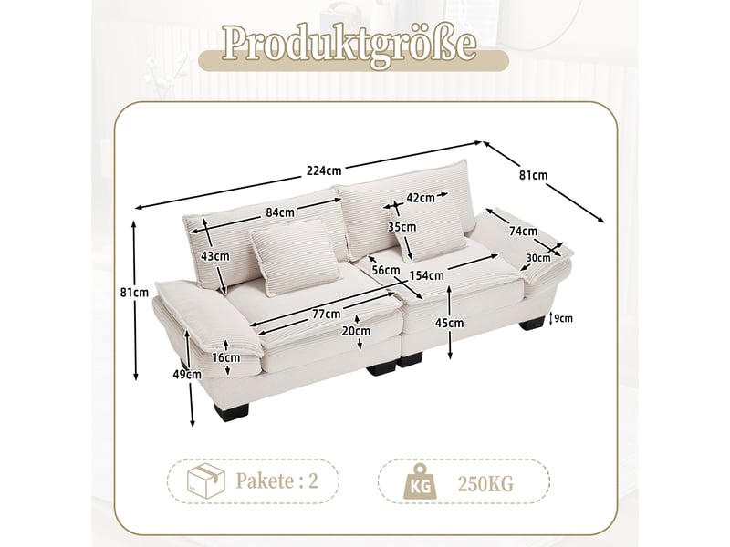  Canapé droit fixe 2 places 224x81x81 cm, canapé moderne en velours beige, assise profonde 56 cm, accoudoirs rembourrés, 2 coussins, structure en bois  - Conforama C