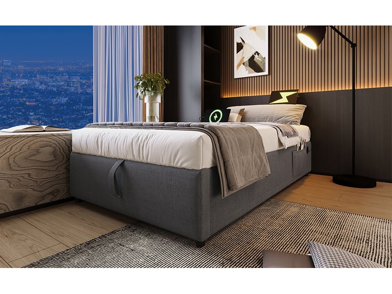  Modenvie lit coffre 90x200 cm - avec ports usb-c, sans tête de lit, sans matelas - gris  - Conforama D