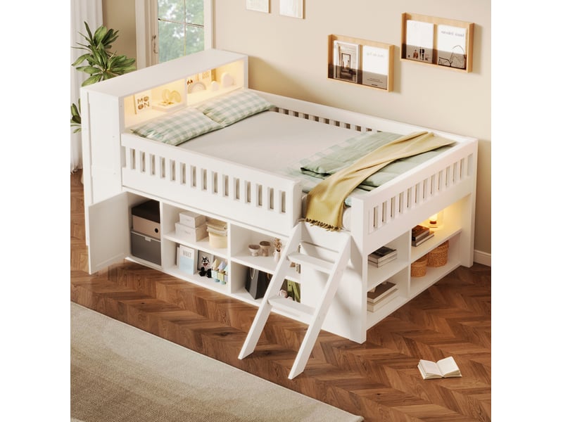 Lit mezzanine enfant 140x200 cm avec rangement et led, mdf et pin blanc, sans matelas - Conforama B