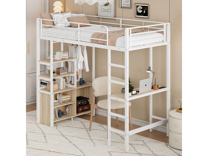  Lit mezzanine 90x200 cm avec bureau, rangements, prise usb, blanc  - Conforama C