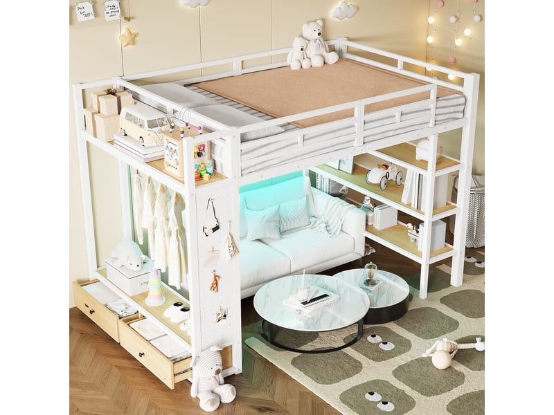 Lit mezzanine 140x200 cm avec éclairage led, lit double en métal avec penderie ouverte, lit 2 personnes, blanc - Conforama E