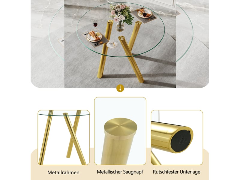  Table de salle à manger ronde fixe en verre trempé avec pieds en métal doré, finition brillante, 89 × 89 × 76 cm  - Conforama E