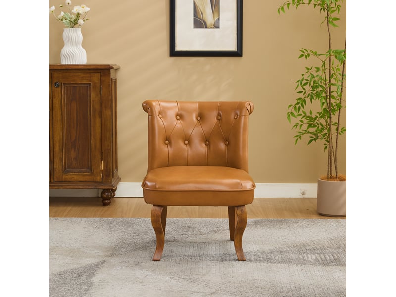  Chaise de salle à manger en cuir avec dossier capitonné et pieds en bois, style moderne, brun clair  - Conforama C