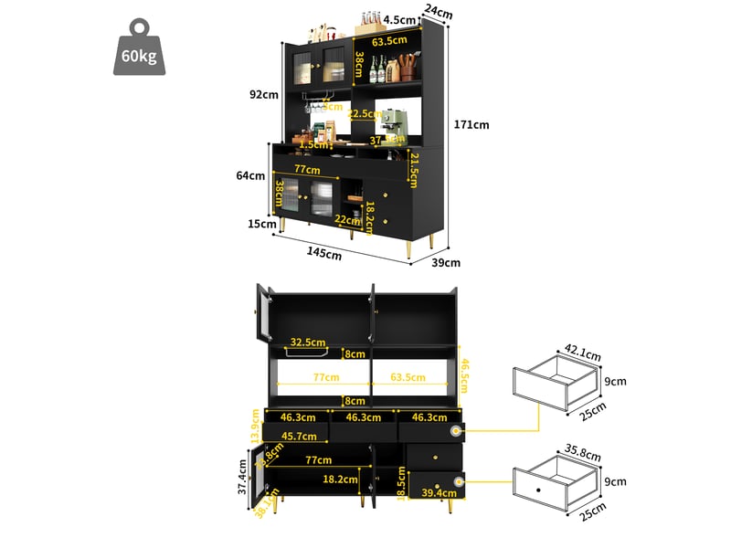 Meuble de cuisine muvano avec portes en verre strié, noir et décor doré, 145 × 39 × 171 cm - Conforama W