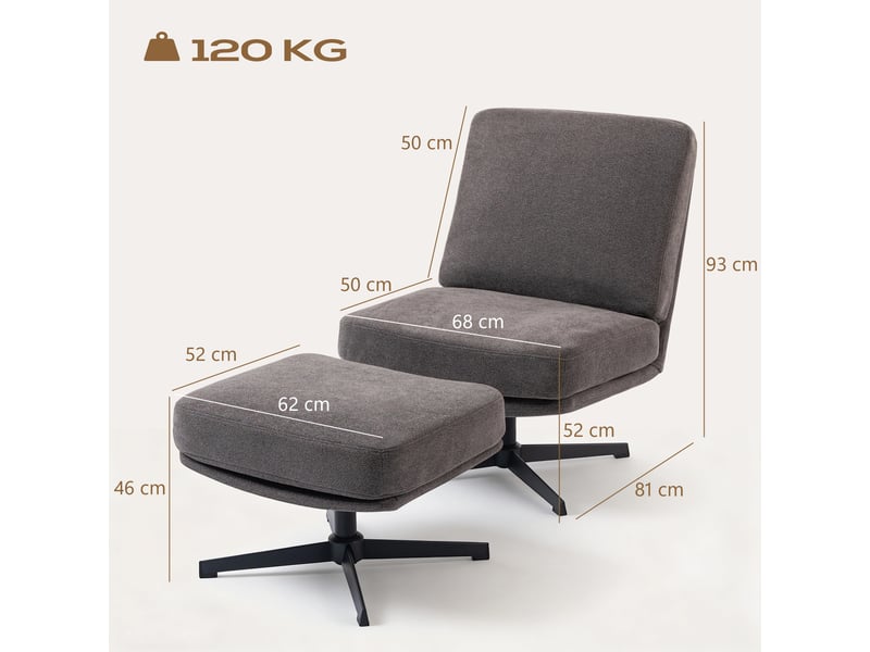  Fauteuil avec repose-pieds, fauteuil pivotant aspect lin pour salon, gris foncé  - Conforama E