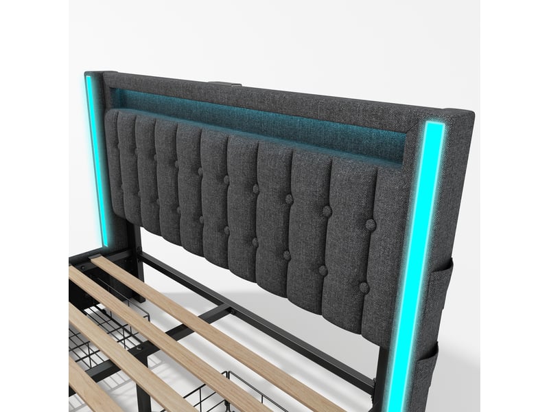 Lit adulte,160x200 cm,avec led, usb-c et 4 tiroirs,lin,gris - Conforama E