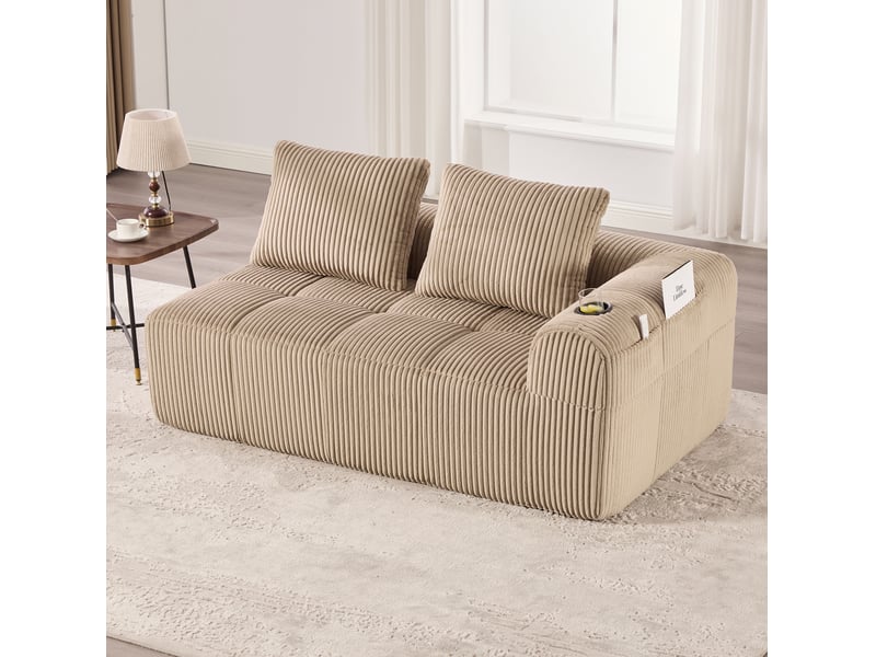  Canapé 2 places 158x93x61cm, poches latérales et porte-gobelet, mousse haute densité et ressorts, velours côtelé kaki  - Conforama B