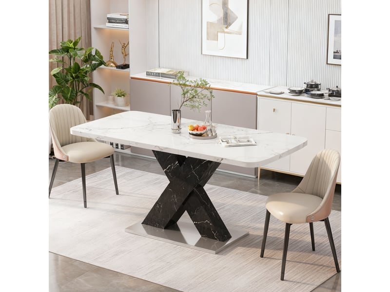 Table à manger extensible 120-160 x 80 cm, plateau mdf effet marbre blanc, piètement noir en x avec base métal, design moderne - Conforama B