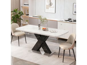 Table à manger extensible 120-160 x 80 cm, plateau mdf effet marbre blanc, piètement noir en x avec base métal, design moderne