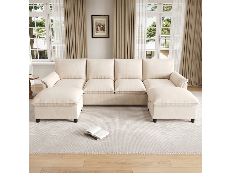  Canapé nuage modulable en u – tissu chenille – assise profonde – 2 poufs – 264 x 142 cm – beige  - Conforama D