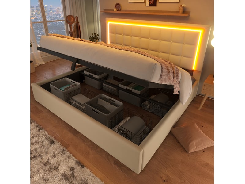  Lit coffre modenvie 180 x 200 cm avec bande led, pu blanc, sans matelas  - Conforama D