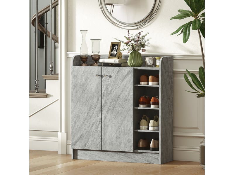  Meuble de rangement à chaussures pour entrée avec 4 compartiments ouverts et placard double porte avec étagère réglable  - Conforama D