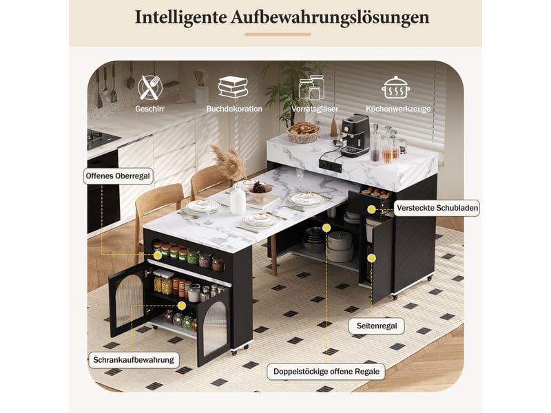  Table à manger îlot table de cuisine extensible bloc multiprise verre cannelé 1 tiroir sur roulettes buffet d'appoint noir  - Conforama D