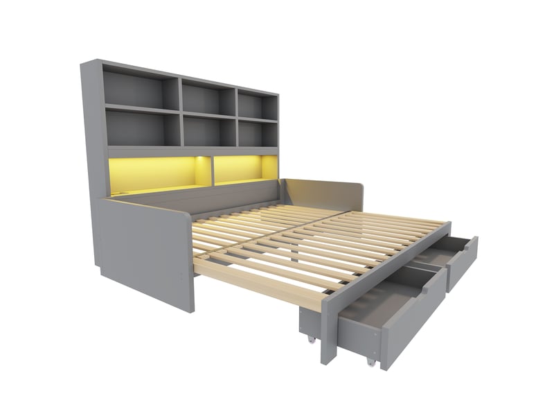  Canapé-lit en bois 180 x 200 cm - avec lit gigogne - avec lumière led - avec prise électrique - avec 2 tiroirs - gris (matelas non inclus)  - Conforama W